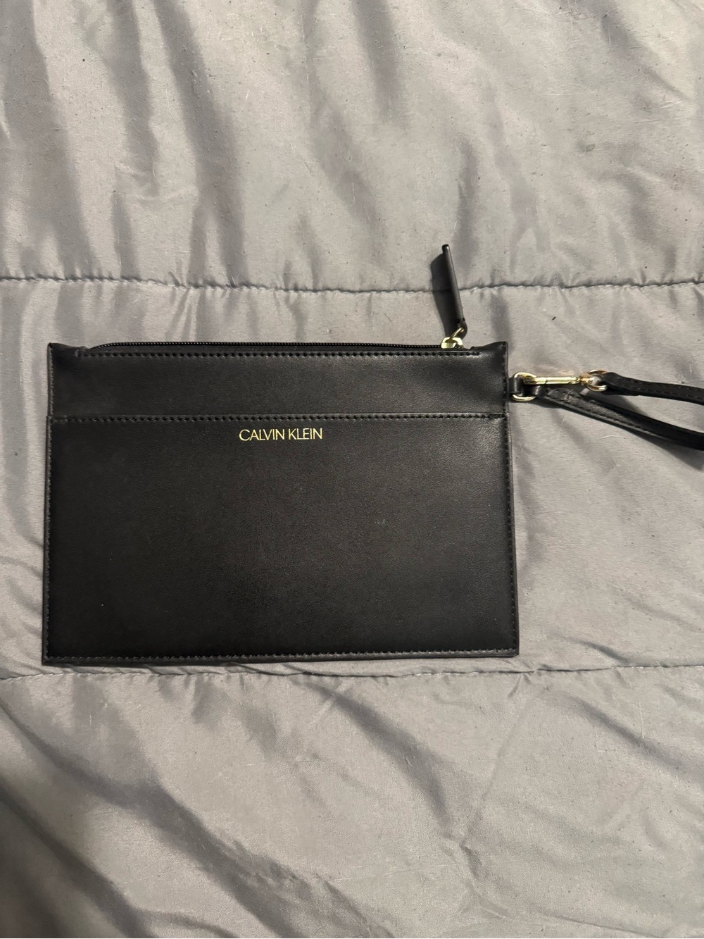 Calvin Klein Black Leather Zip Wristlet with Gold Logo